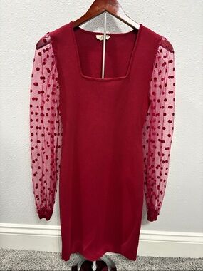 eesome Burgundy Square-Neck Mini Dress with Polka Dot Sheer Sleeves